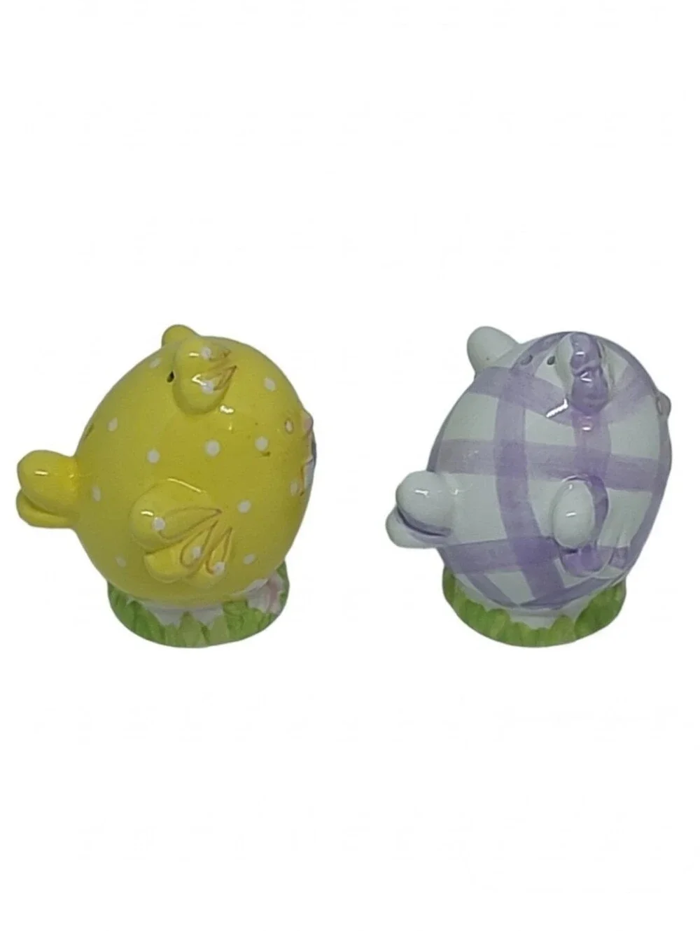 Easter Ceramic Salt and Pepper Shakers Set Yellow Polka Dot Purple Plaid Chicks